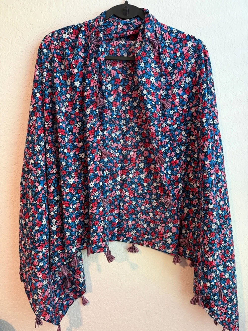 Lands' End Navy Floral Tassel Wrap / Sarong
